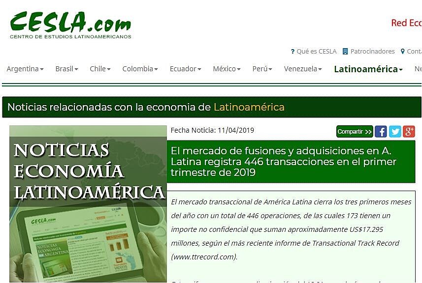 El mercado de fusiones y adquisiciones en A. Latina registra 446 transacciones en el primer trimestre de 2019